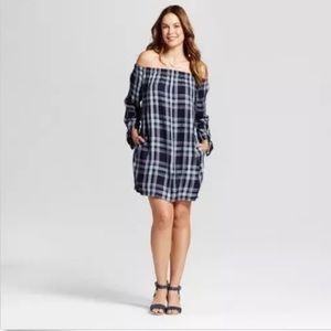 Plaid Off Shoulder Long Sleeve Navy Tunic Dress M